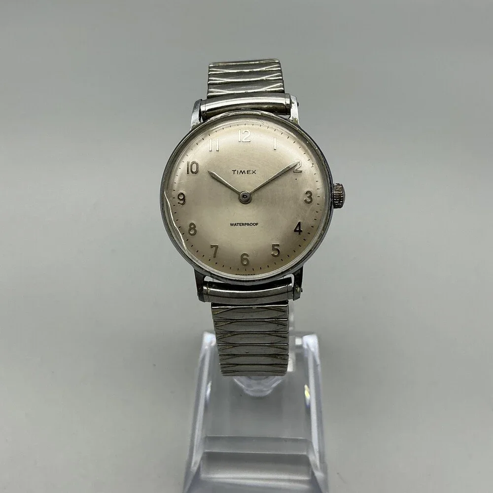 Vintage Timex Marlin Mens Watch 33mm Cracked Crystal Silver Tone Manual Wind